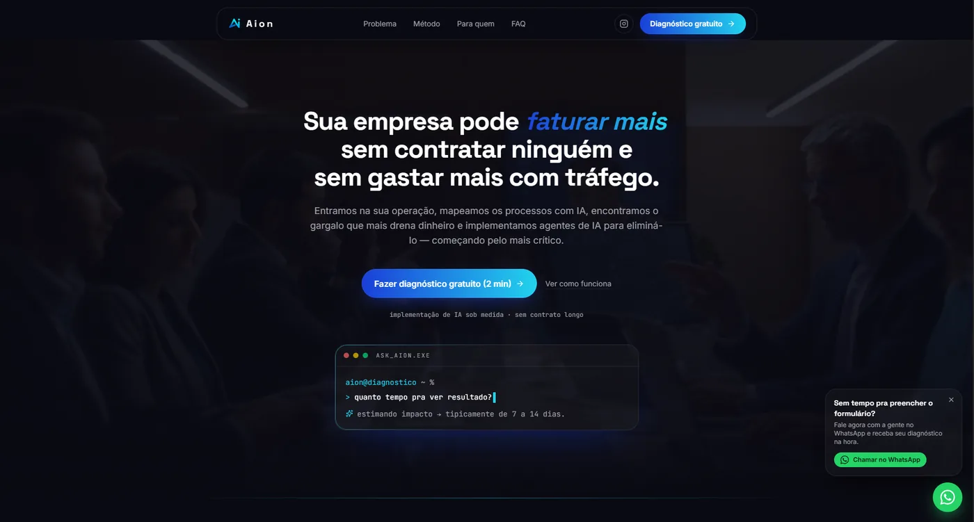 Site da Aion, empresa de implementação de IA, com headline sobre faturar mais sem contratar