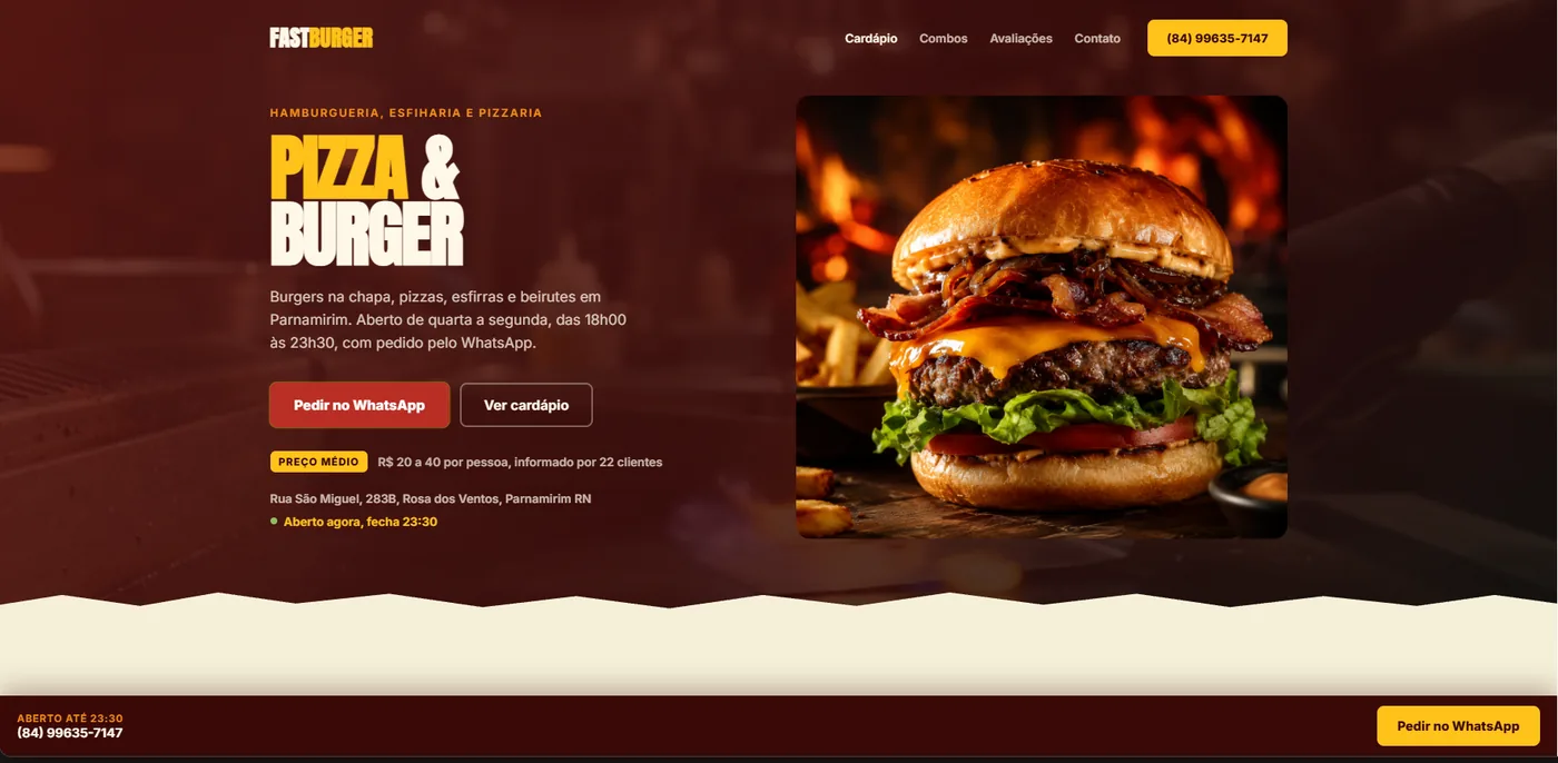Site da FastBurger, hamburgueria com pedido pelo WhatsApp